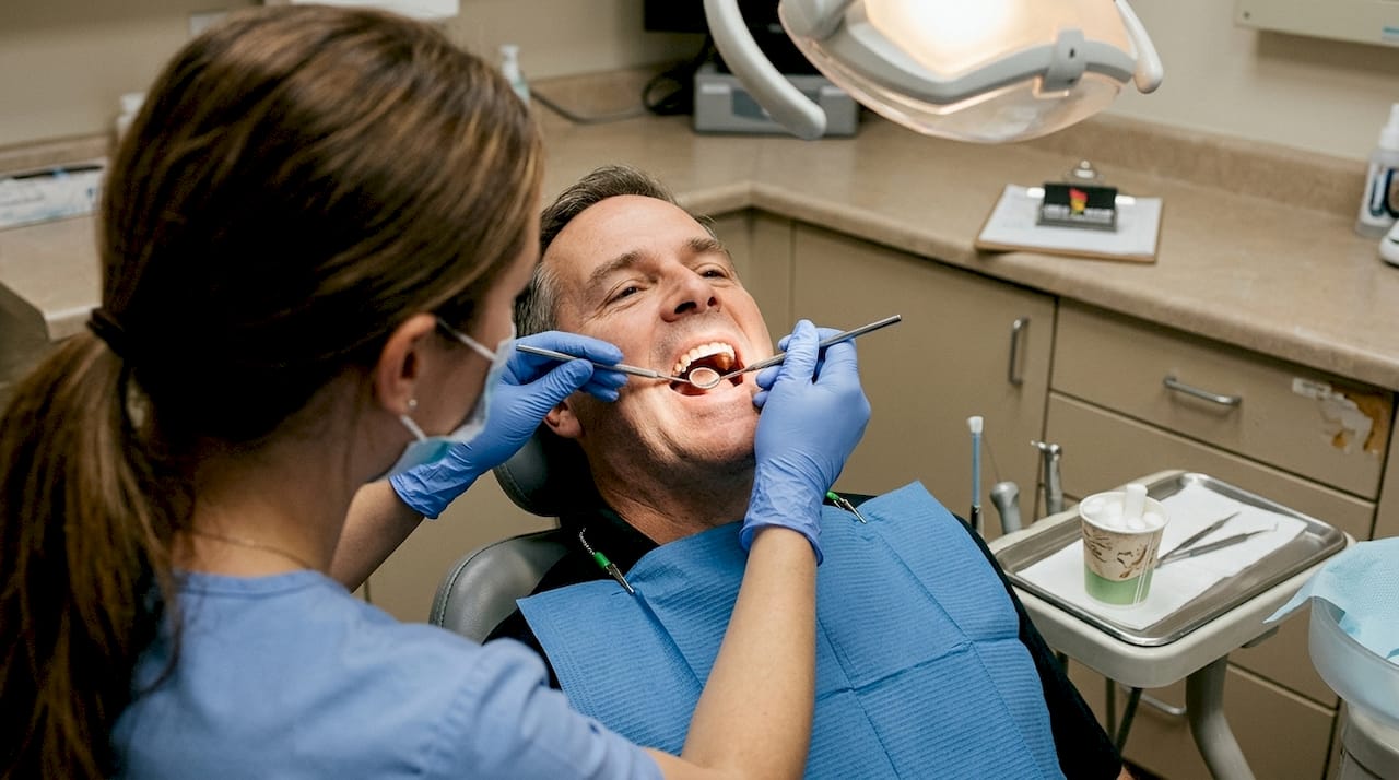 Igienista dentară examinează atent dinții unui pacient, analizând fiecare detaliu.