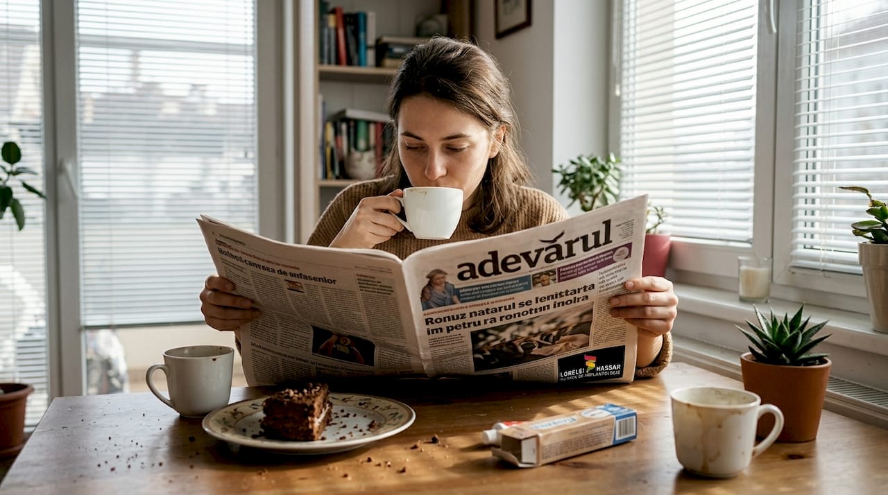 O femeie savurează o ceașcă de cafea la masa din propria bucătărie.