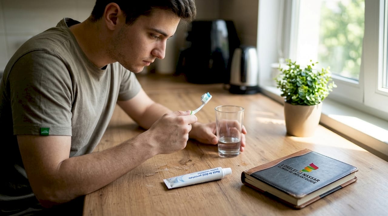 Riscurile albiri dentare: Soluții sigure pentru zâmbet sănătos 2 Un tânăr își îngrijește dinții cu o pastă specială pentru dinți sensibili.