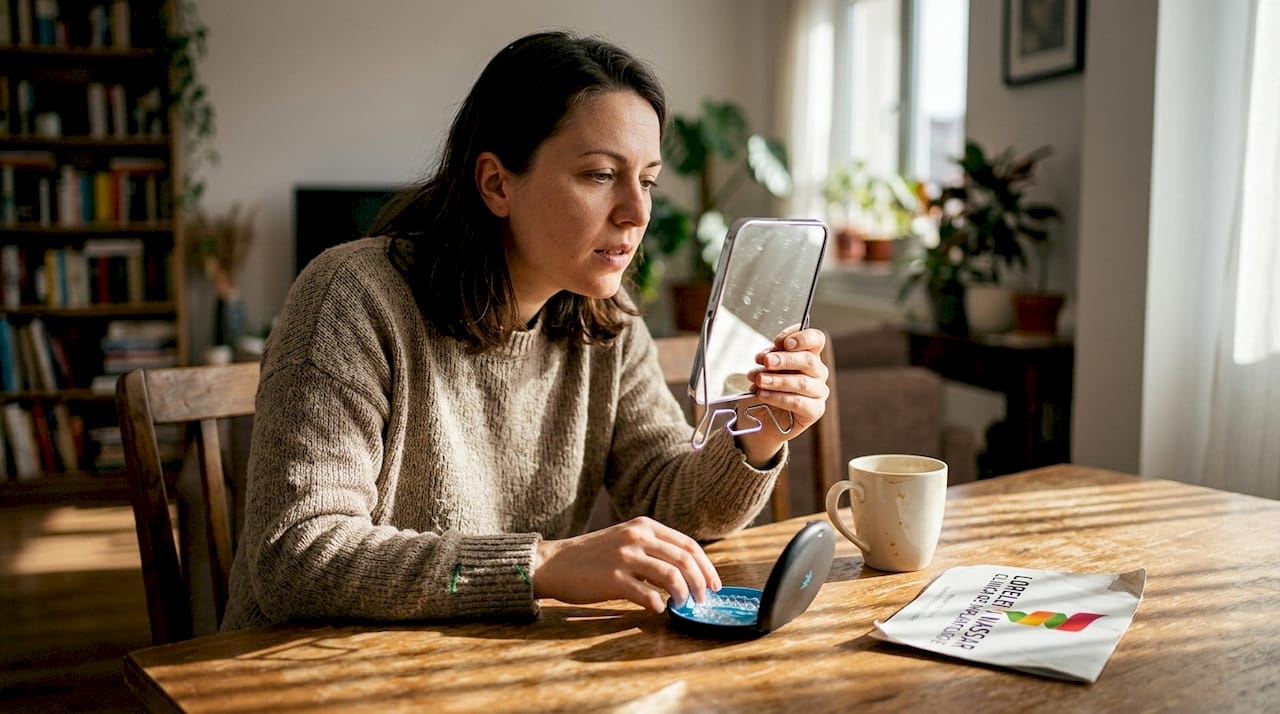 Pacientul își examinează zâmbetul după tratamentul de albire