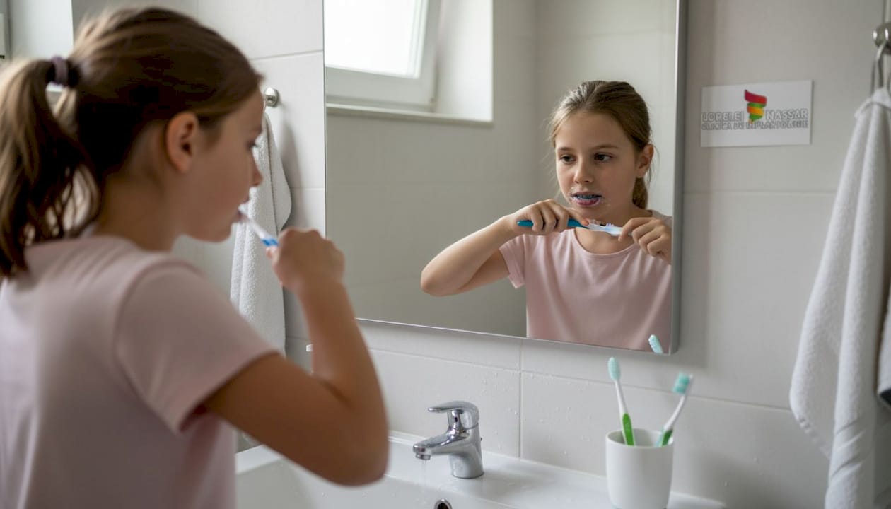 O fată cu aparat dentar își spală dinții la chiuvetă.