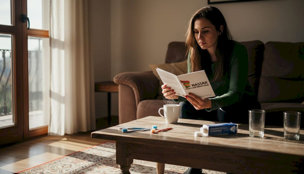 O femeie citește informații despre posibilele riscuri ale albiri dinților.