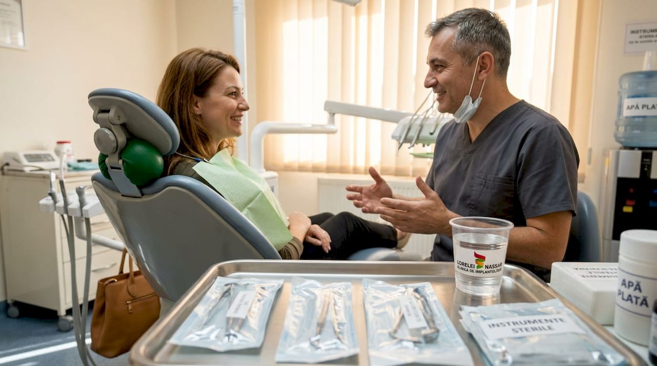 Pacient relaxat, discutând degajat cu medicul stomatolog