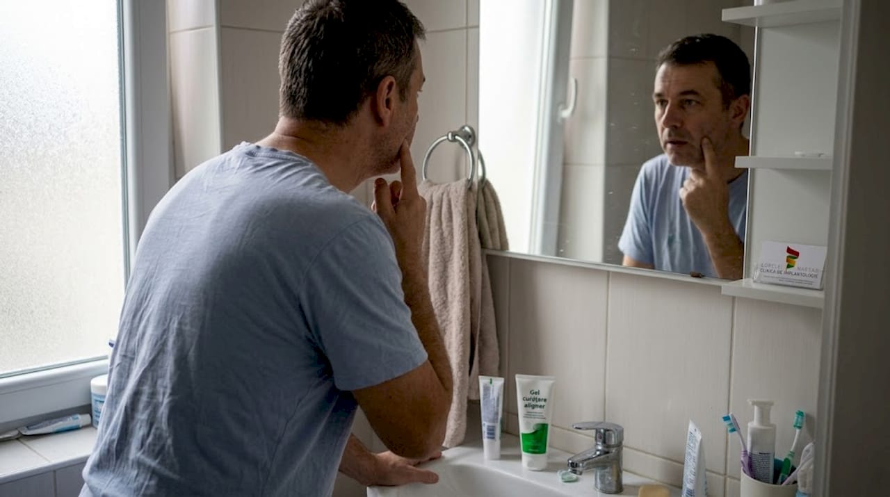 Un bărbat se uită atent în oglinda din baie, încercând să-și dea seama de unde vine disconfortul provocat de aparatul Invisalign.