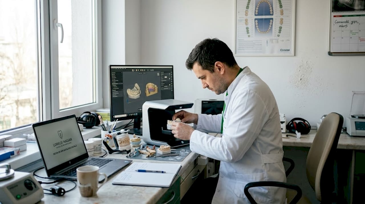 Tehnicianul pregătește o scanare digitală cu ajutorul unui scanner 3D dentar