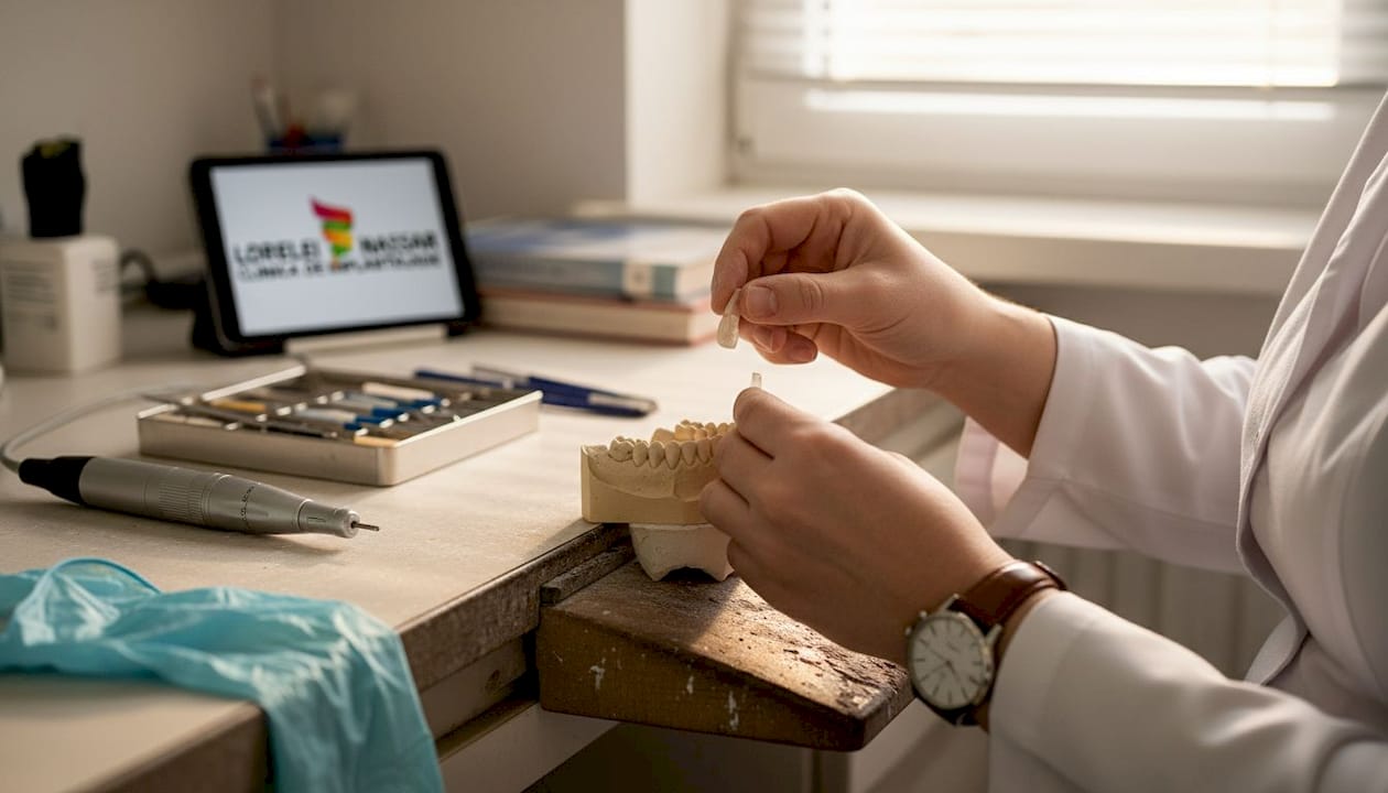 Două mâini țin o fațetă dentară deasupra unui model stomatologic