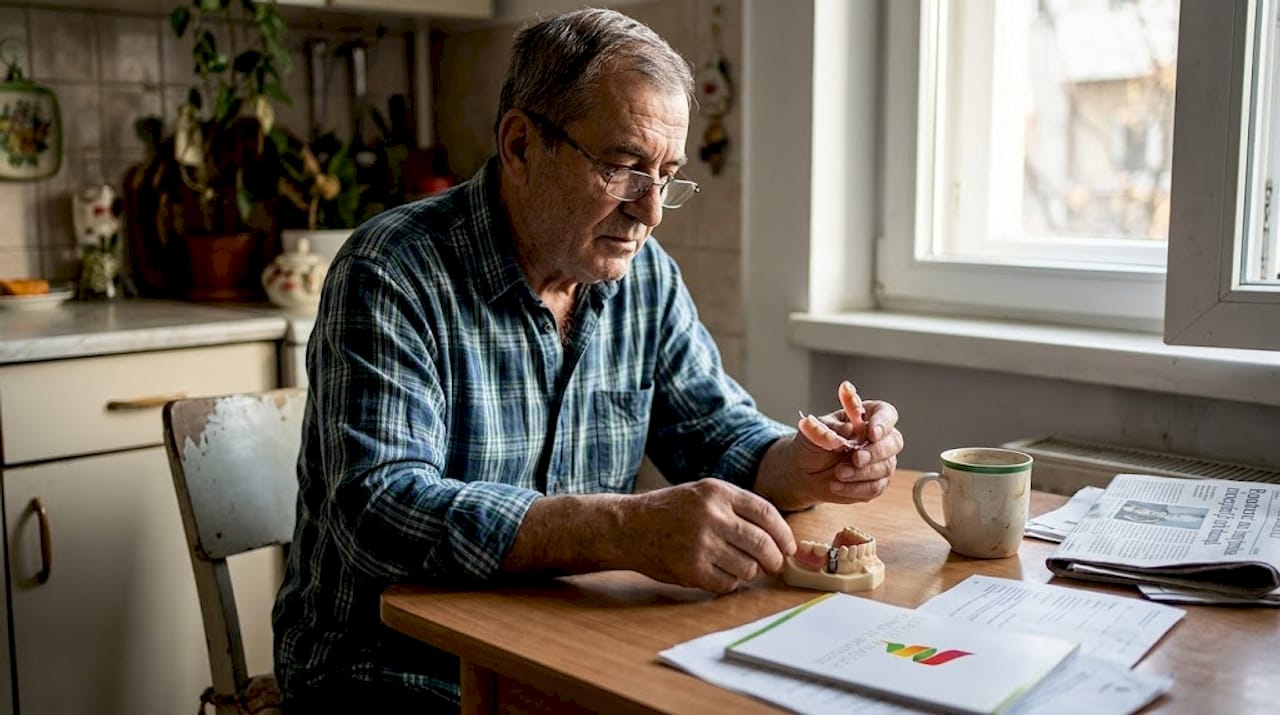Bărbat analizând proteze dentare și modele de implanturi