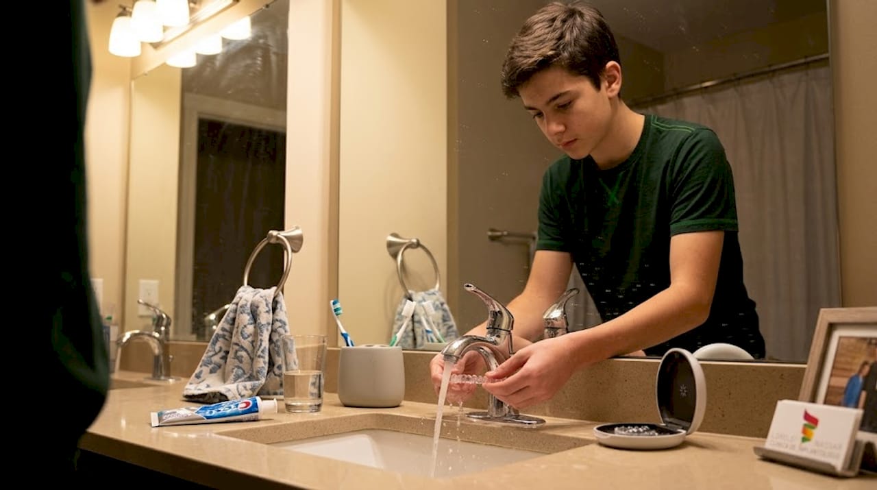 Un adolescent își clătește gutiera Invisalign la chiuveta din baie.