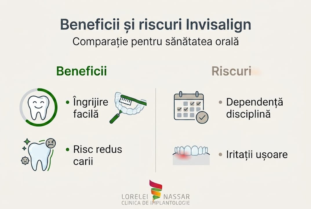 Infograficul evidențiază atât avantajele, cât și posibilele riscuri ale tratamentului cu Invisalign.