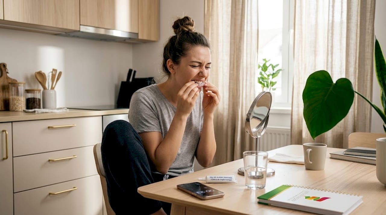 Tânără care își aplică o gutieră pentru albirea dinților