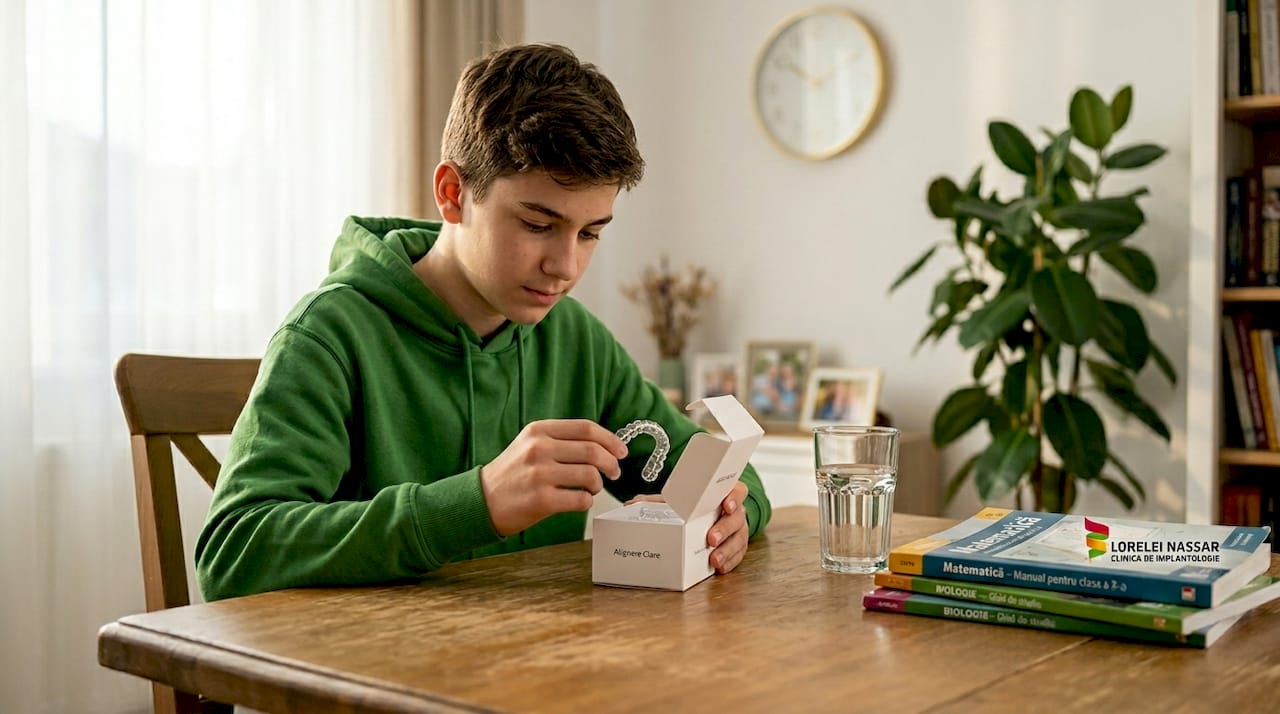 Un adolescent își aranjează gutierele transparente pe masă, pregătindu-le pentru folosire.
