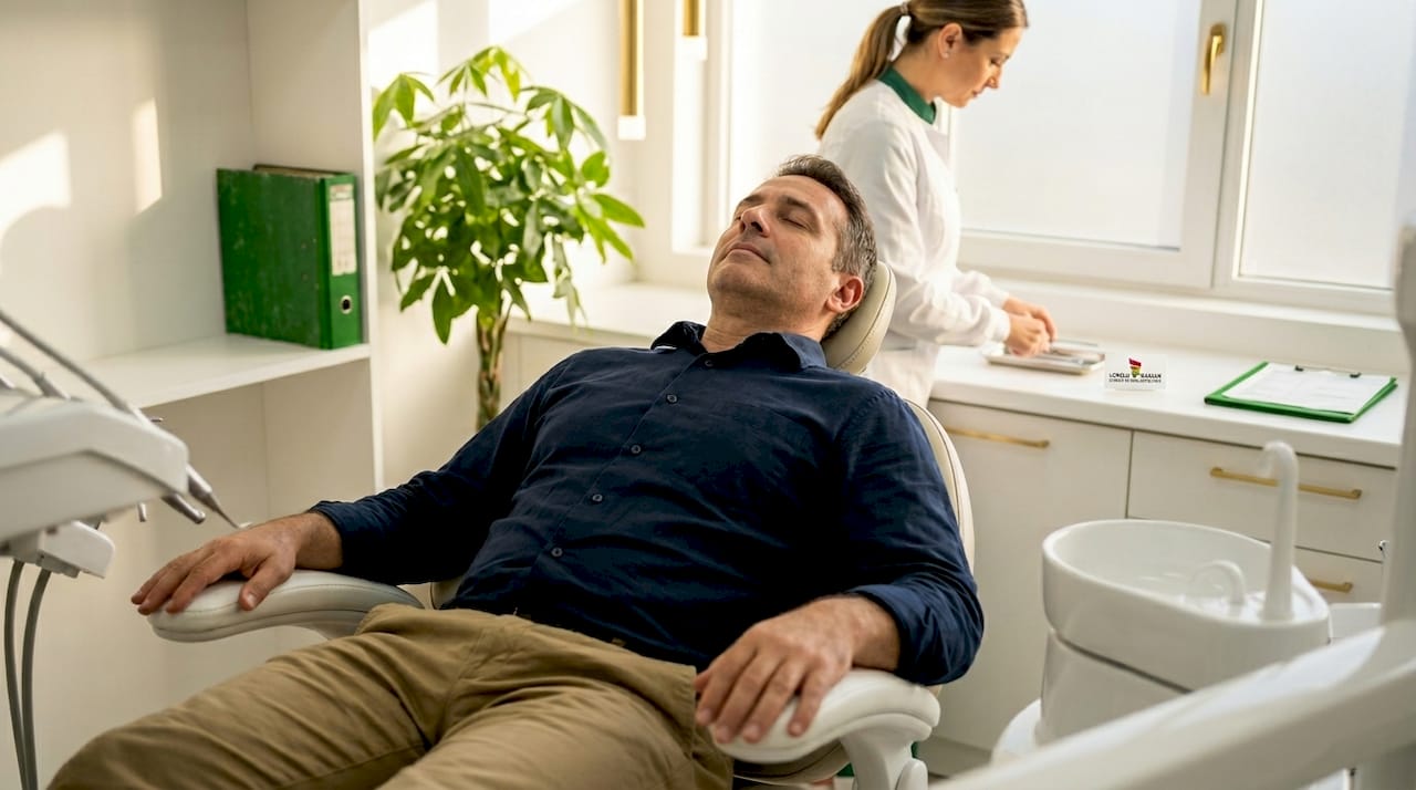 Pacientul stomatologic își gestionează emoțiile prin exerciții de respirație menite să îl calmeze.