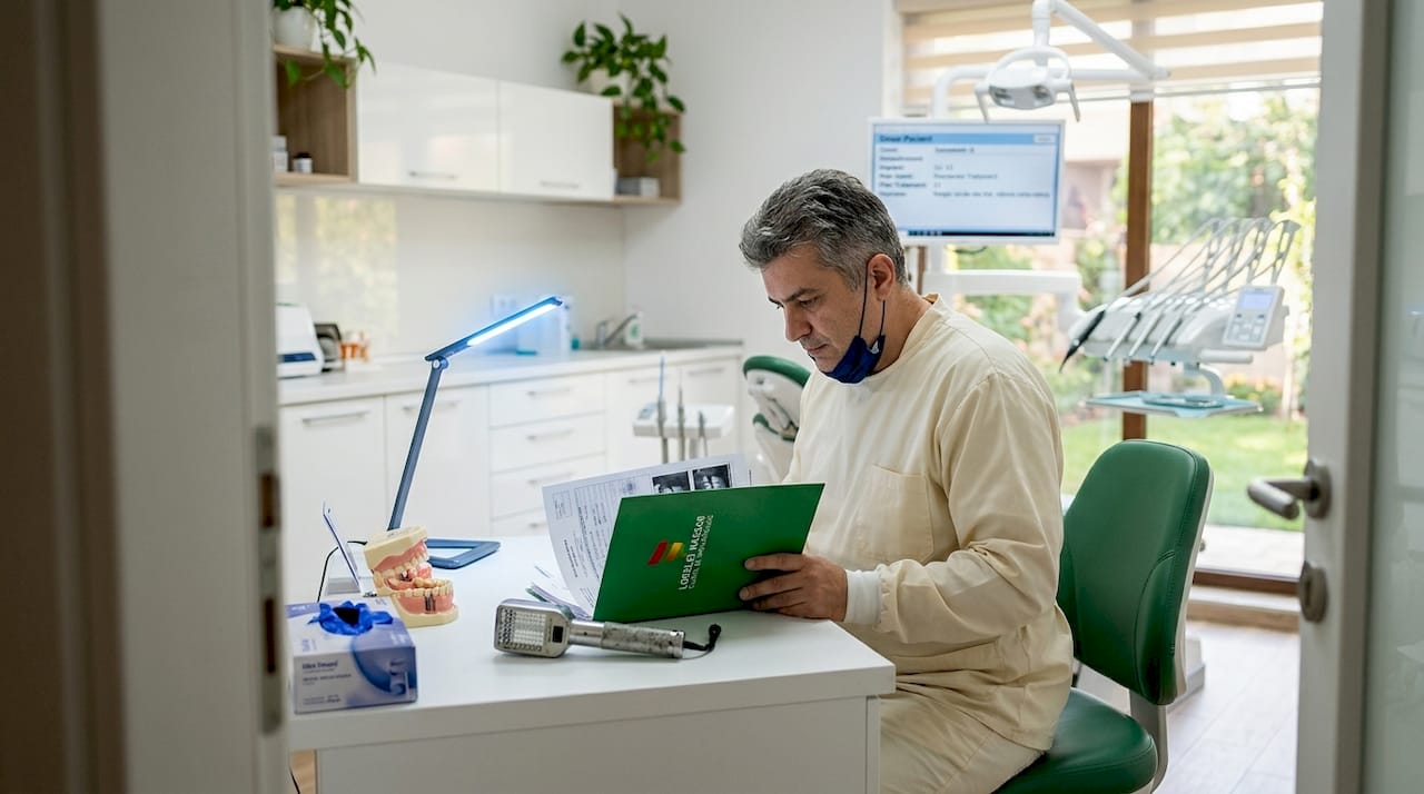 Un medic stomatolog analizează dosarele pacienților la birou.