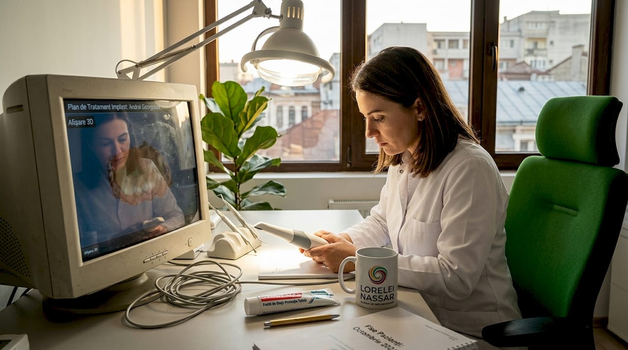 Medicul stomatolog analizează scannerul intraoral pentru a se asigura că funcționează corect.