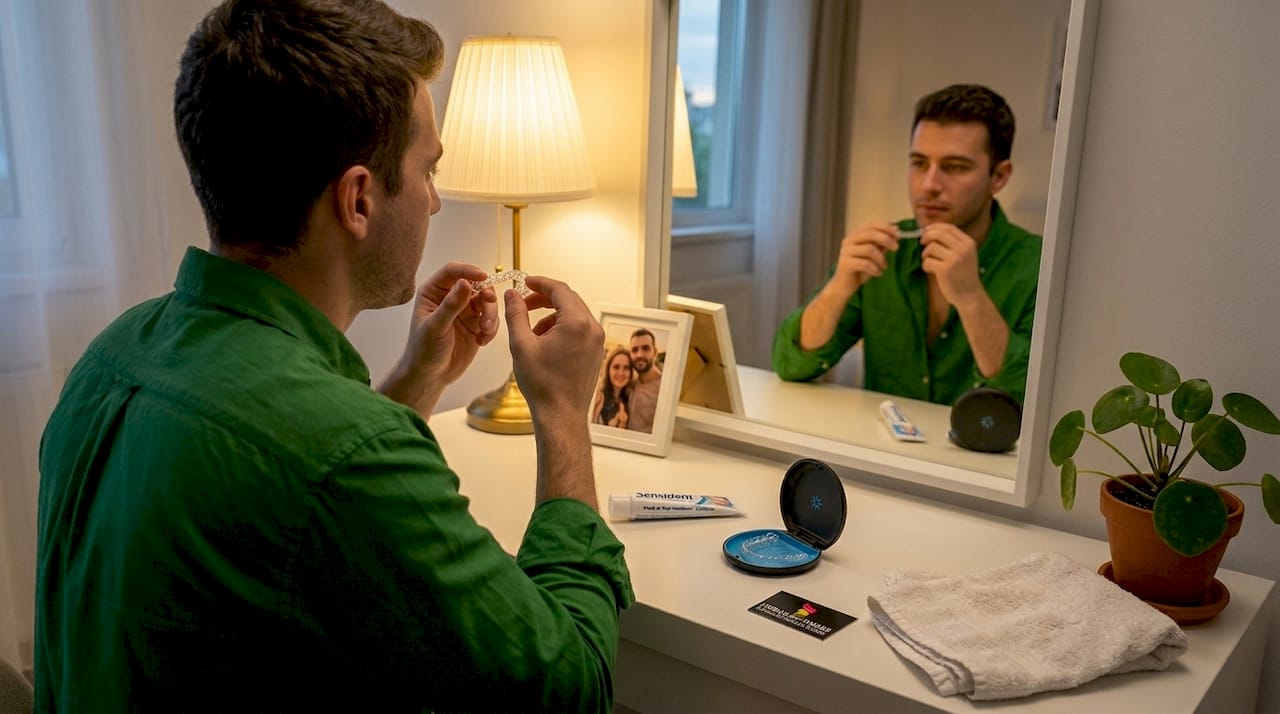 Bărbat care își aplică gutiera Invisalign în fața oglinzii din baie