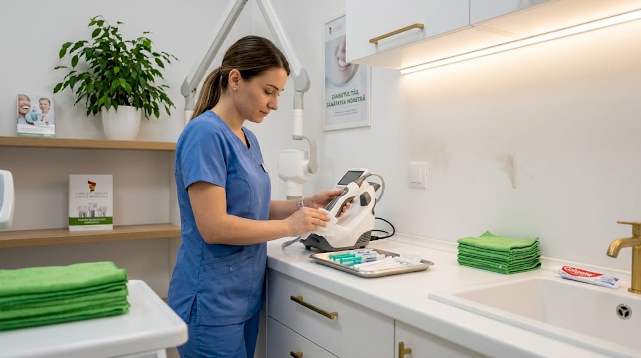 Pregătirea aparatului cu laser pentru albirea dinților în cabinetul stomatologic