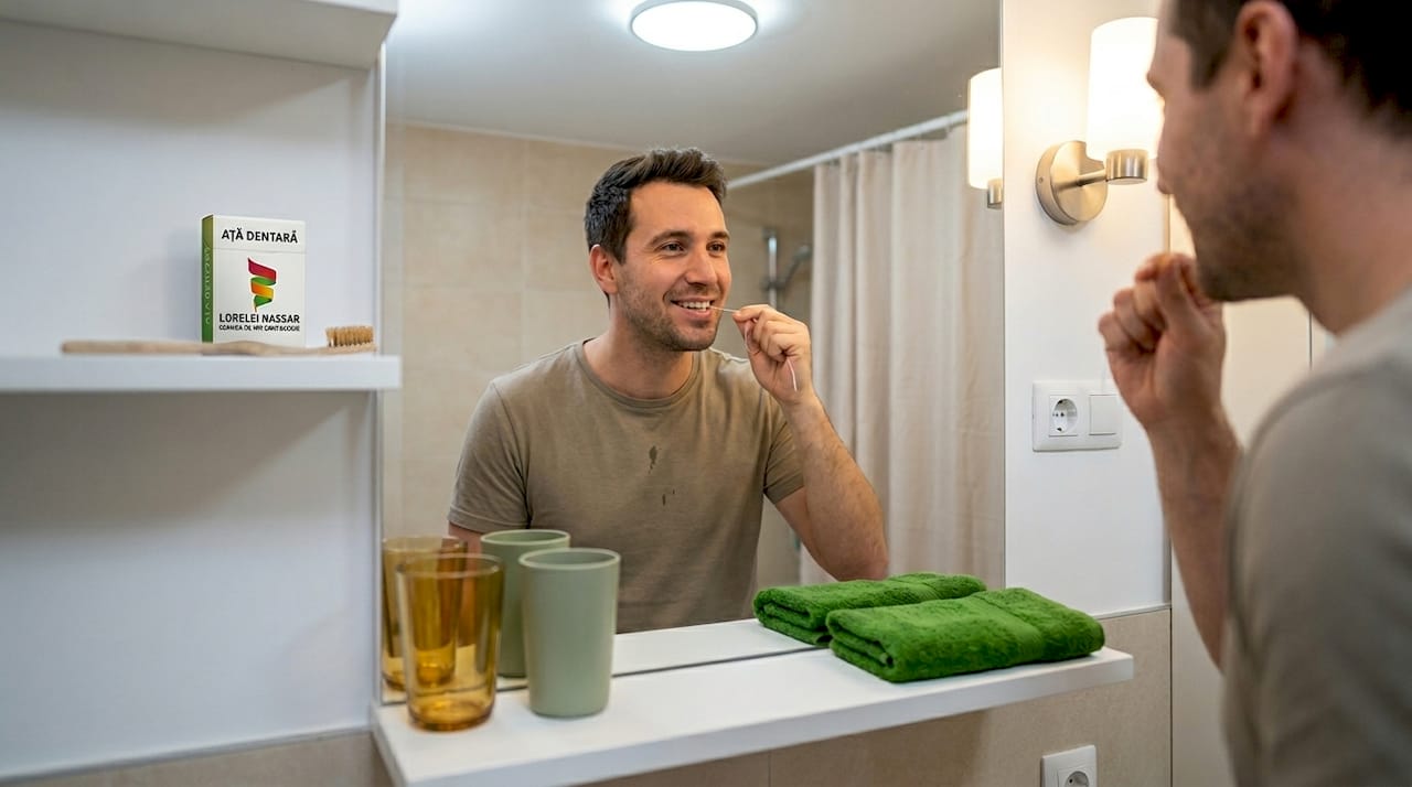 Adult purtând aparat dentar ceramic în timp ce își face igiena orală