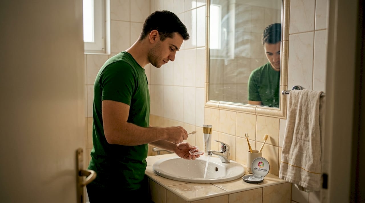 Un bărbat își curăță gutiera Invisalign la baie
