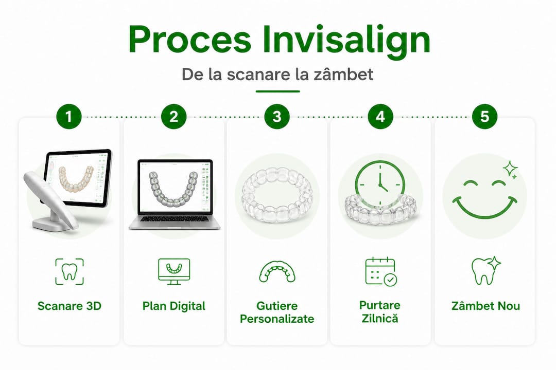 Infografic: etapele tratamentului cu gutiere Invisalign, explicate pe scurt
