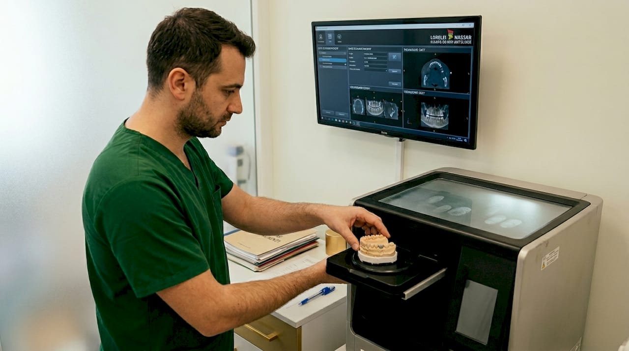 Tehnician dentar care lucrează cu un aparat de imagistică CBCT