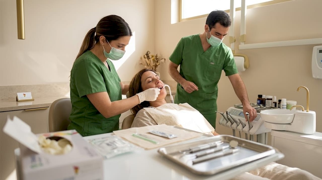 Echipa stomatologică se pregătește pentru etapa de pregătire a dinților înainte de aplicarea fațetelor.