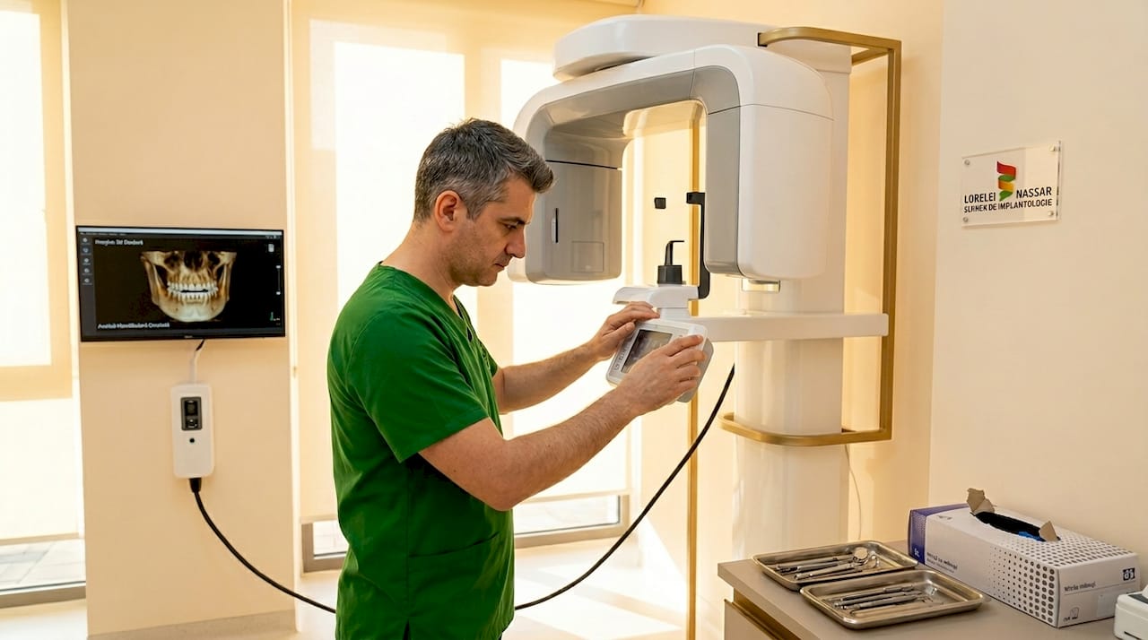 Medicul stomatolog utilizează tomografia computerizată CBCT în cadrul cabinetului pentru investigații detaliate.