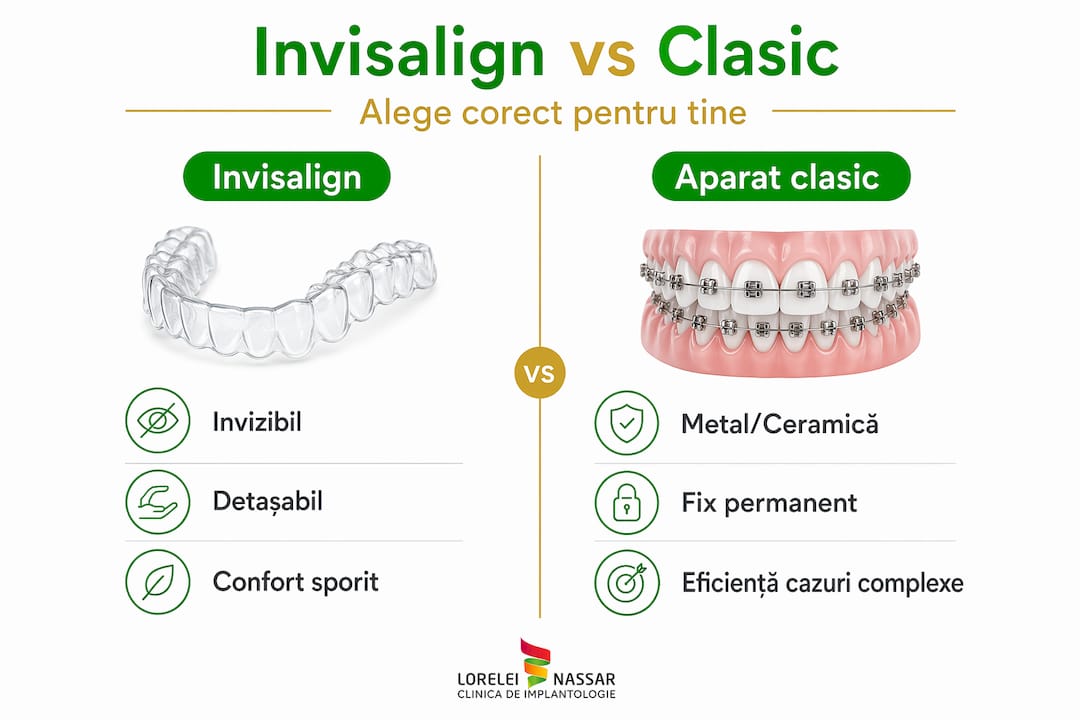 Infografic: diferențe și asemănări între Invisalign și aparatul dentar tradițional