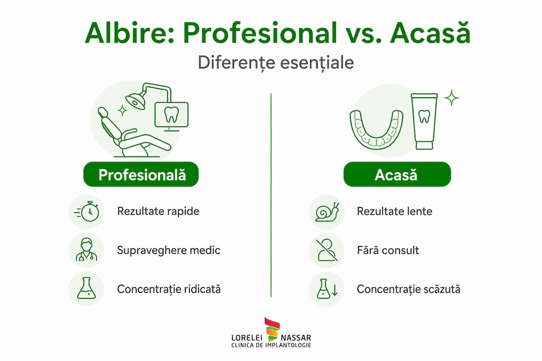 Infografic: diferențele dintre albirea din cabinetul stomatologic și cea realizată acasă