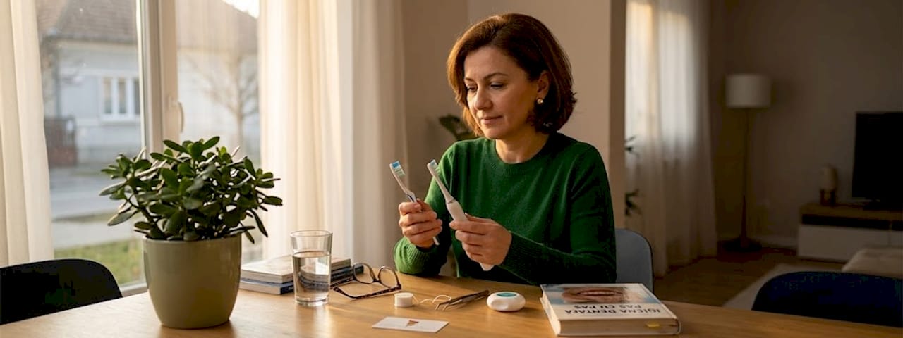 O femeie stă la masa din bucătărie și analizează mai multe tipuri de periuțe de dinți, încercând să aleagă cea mai potrivită.