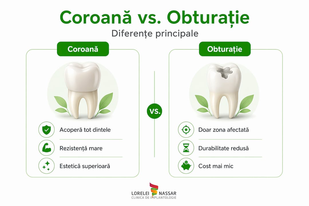 Ce sunt coroanele dentare: ghid complet 2026 2 Infografic: diferențele dintre coroanele dentare și plombe – când și de ce le alegem