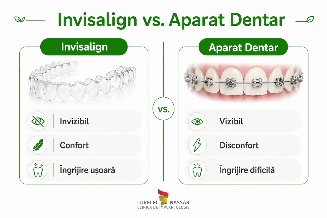 Comparație vizuală între Invisalign și aparatul dentar clasic