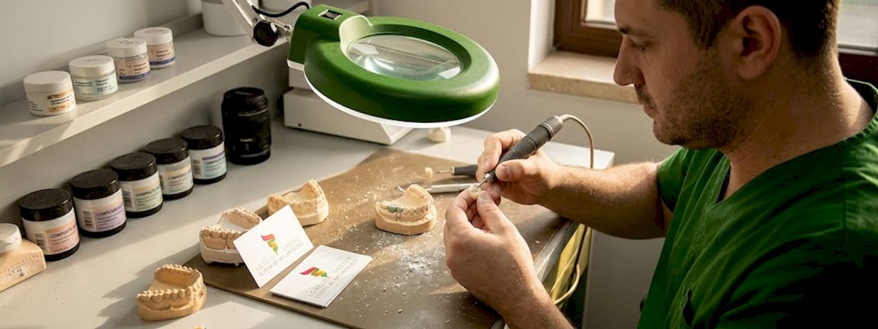 Tehnicianul dentar modelează cu grijă o coroană ceramică în laborator, acordând atenție fiecărui detaliu pentru a obține un rezultat cât mai natural.