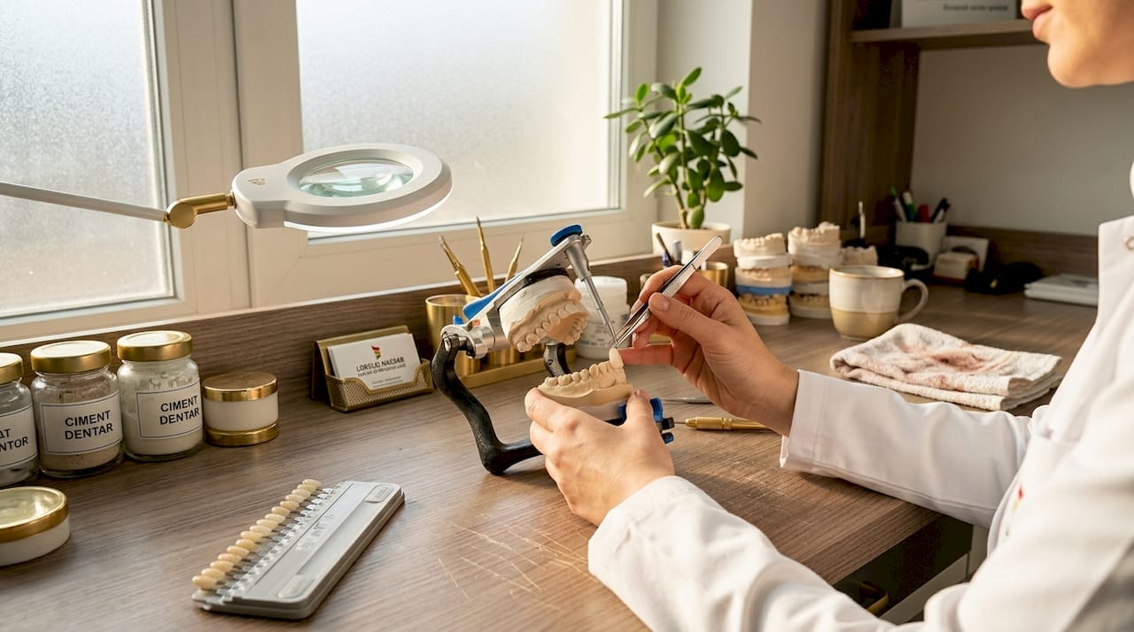 Tratamente dentare pentru zâmbet frumos: ghid complet 1 Tehnicianul dentar aplică o fațetă de porțelan pe dinte, având grijă ca fiecare detaliu să fie perfect adaptat pentru un zâmbet natural.