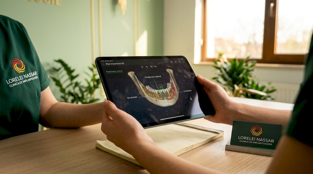 Medic stomatolog analizează planul digital pentru implanturi dentare