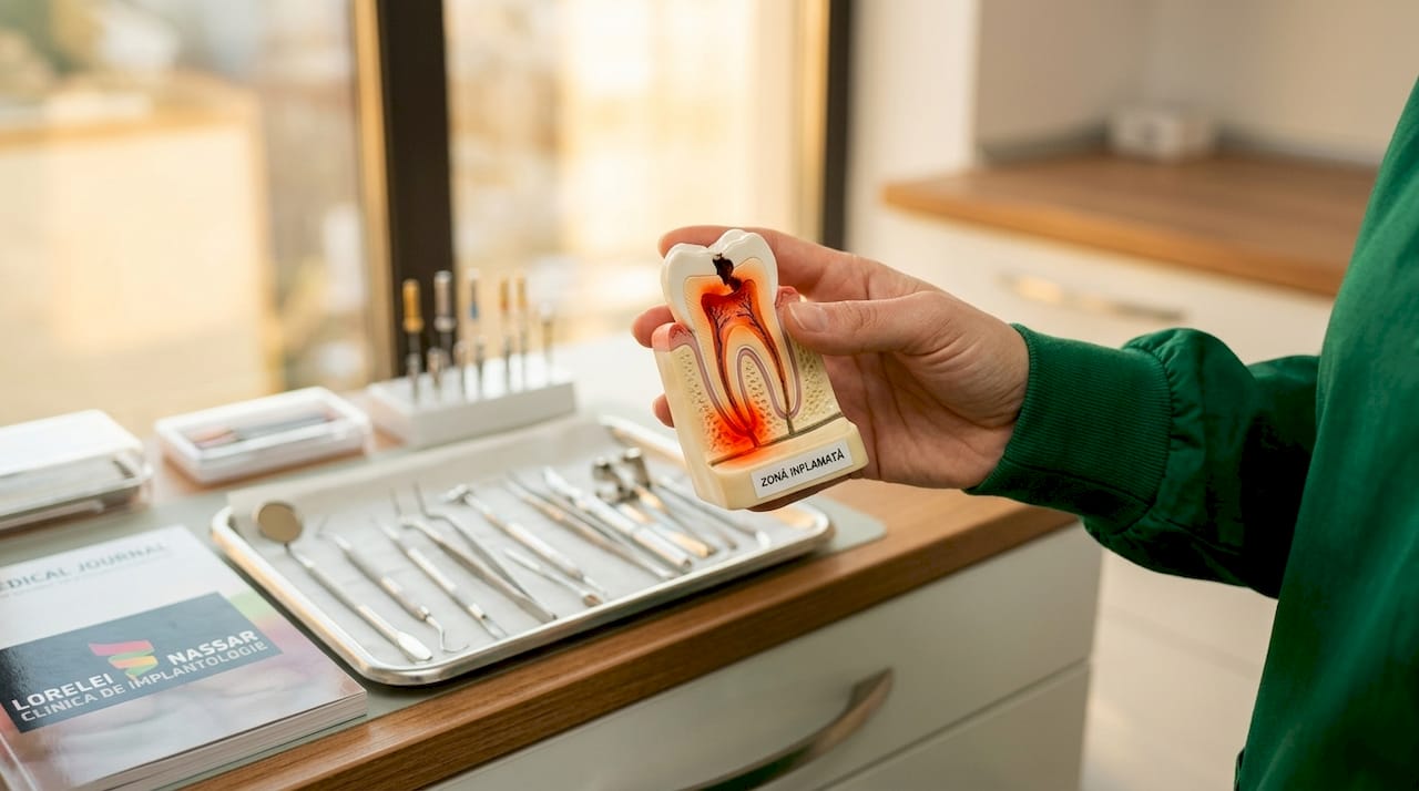 Când ai nevoie de endodonție: semne și simptome clare 1 Model dentar care ilustrează anatomia unei rădăcini dentare inflamate