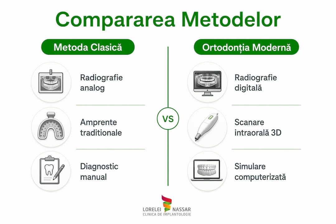 Infografic: diferențe și asemănări între metodele tradiționale și cele moderne folosite în ortodonție