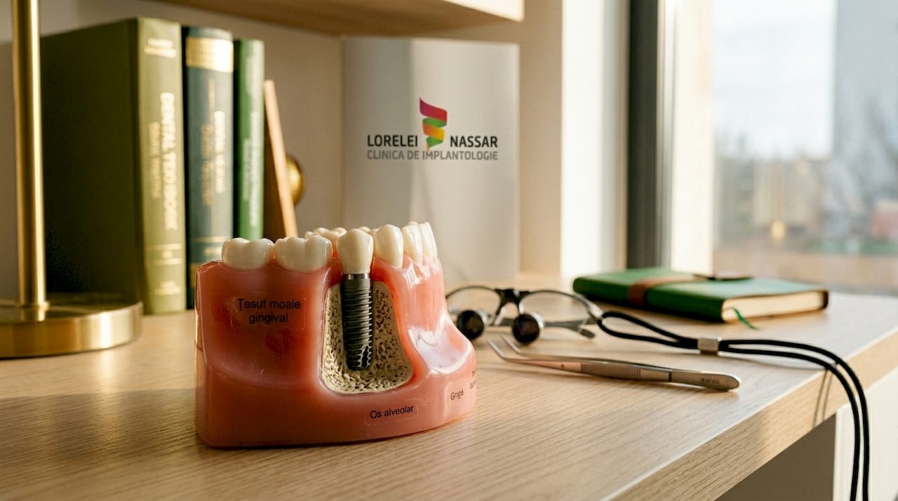 Imagine detaliată care ilustrează modul în care un implant dentar se integrează în osul maxilarului