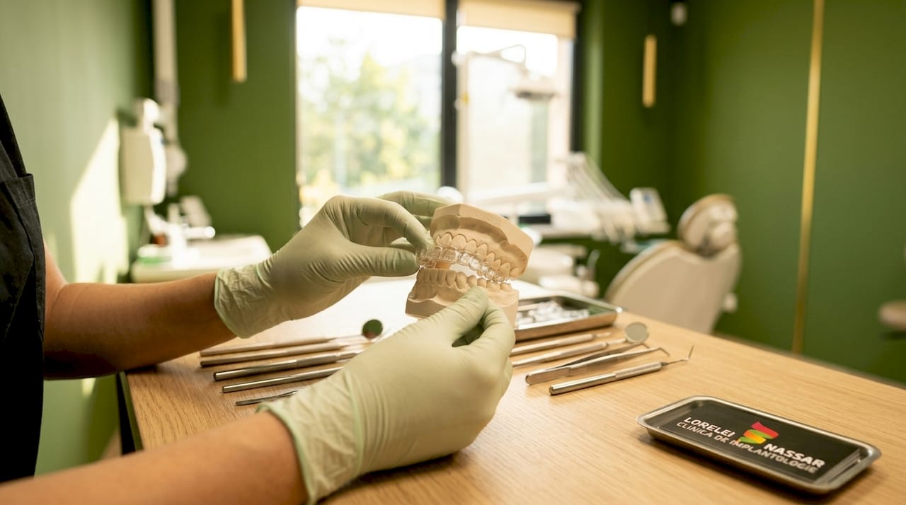 Mâini care fixează o gutieră transparentă pe un model dentar