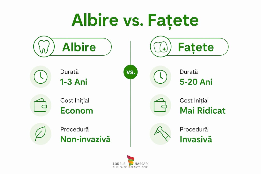 Diferența între albire și fațete: ghid complet 2026 1 Infografic: diferențe cheie între albirea dinților și aplicarea fațetelor dentare