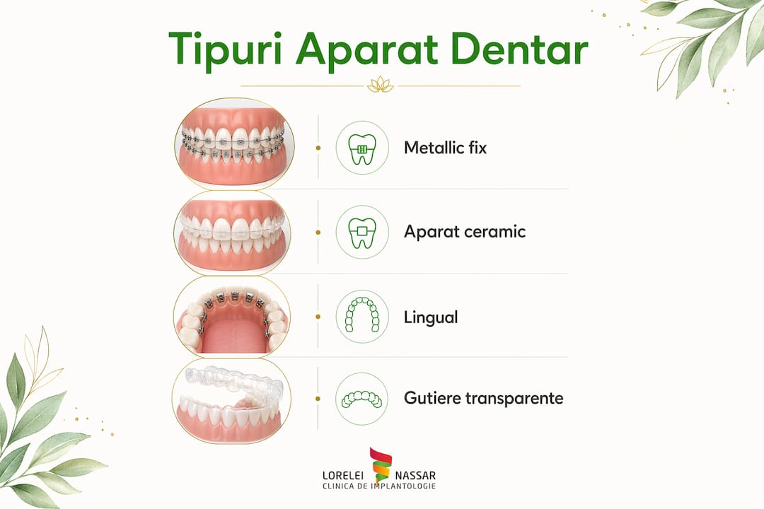 Infografic în format vertical care prezintă diferitele tipuri de aparate ortodontice pentru îndreptarea dinților