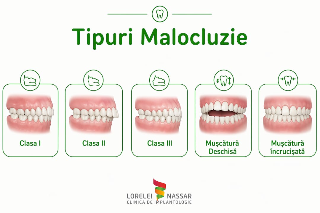 Infografic despre principalele tipuri de malocluzie dentară și cum se diferențiază între ele