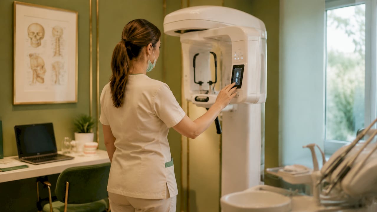 Asistentul stomatolog pregătește camera pentru scanarea CBCT, asigurându-se că totul este gata pentru următorul pacient.
