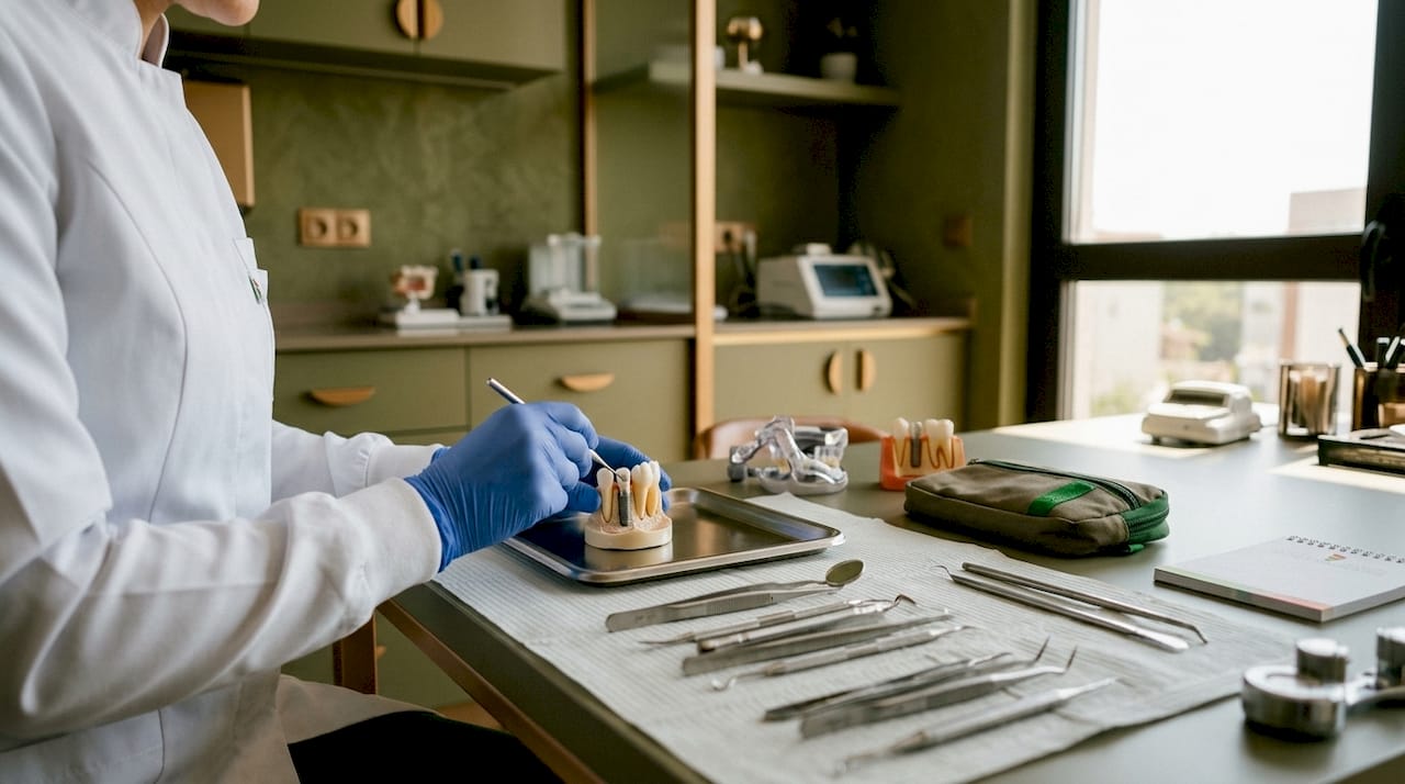 Medicul stomatolog ajustează manual un model de implant dentar, surprins într-un cadru de aproape.