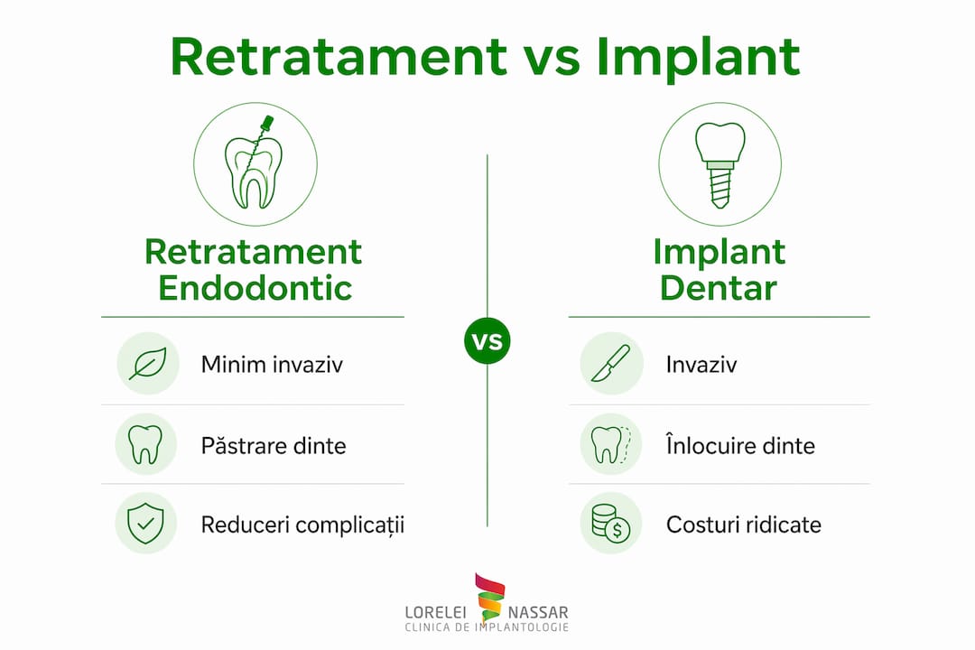 Infografic: Avantaje și dezavantaje ale retratamentului versus implantul dentar – aspecte esențiale