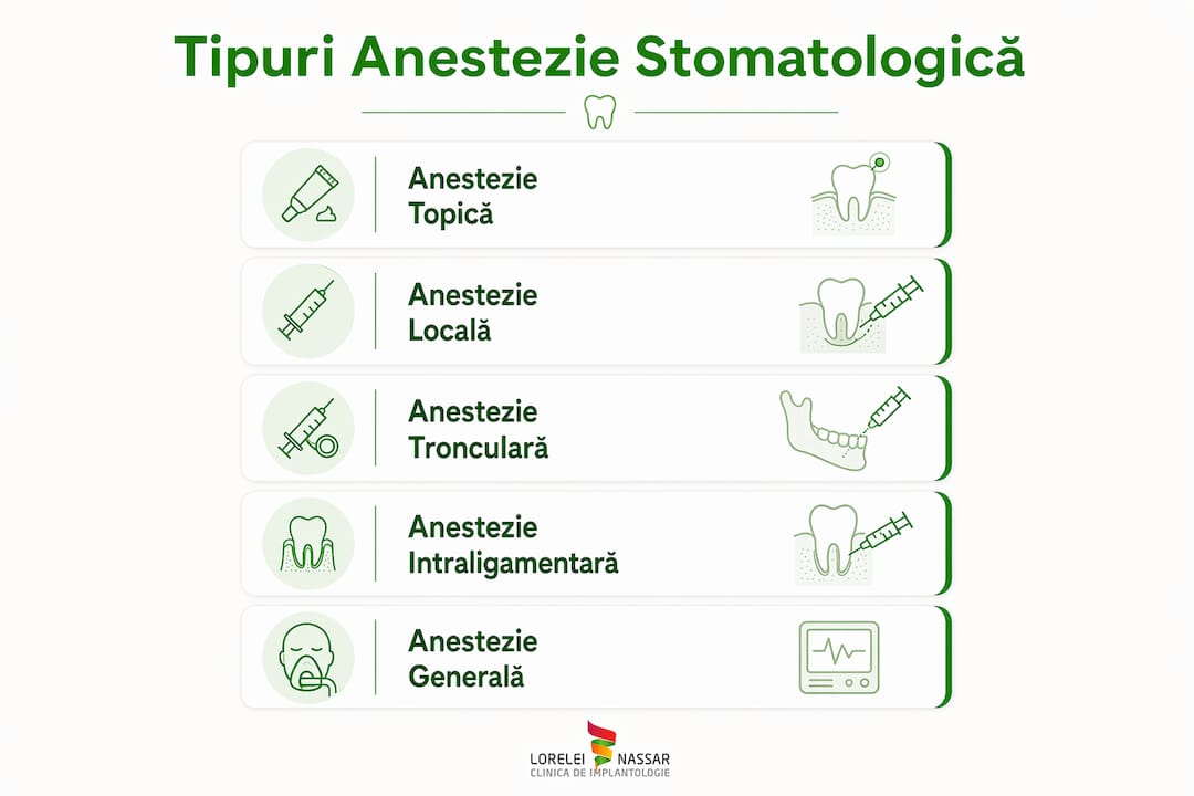 Infografic despre principalele tipuri de anestezie folosite în stomatologie, prezentate într-o structură ierarhică