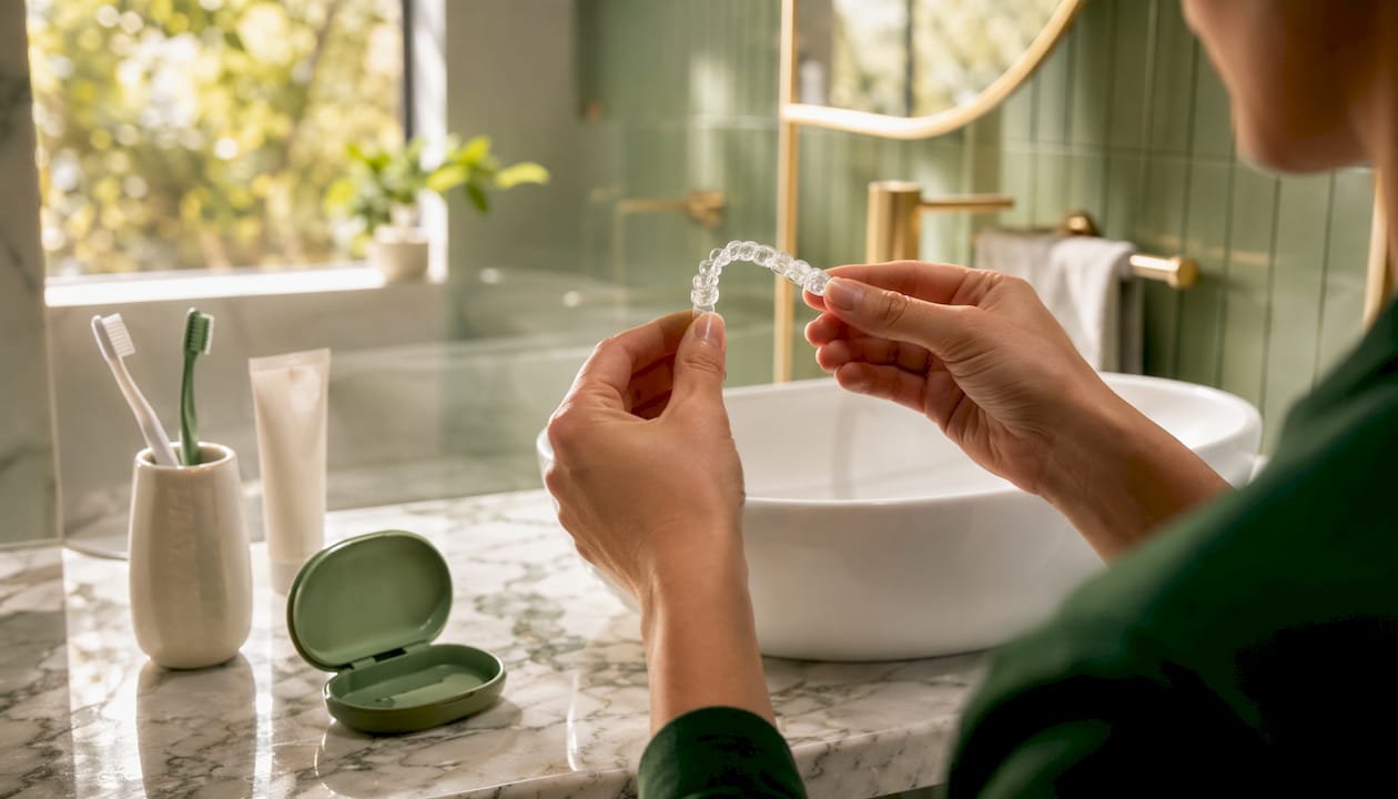 Cum se aplică alignerele Invisalign: ghid practic 1 O persoană își scoate gutiera Invisalign în fața oglinzii din baie.