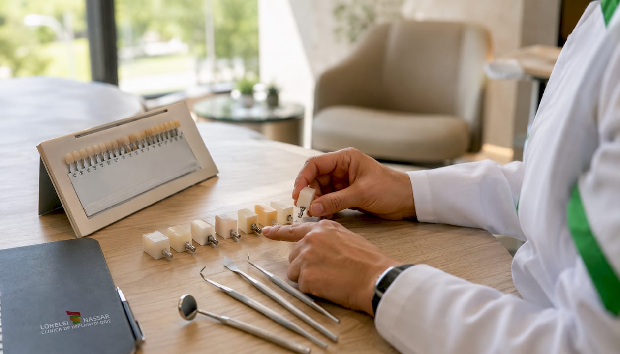 Paleta de culori dinți zirconiu: ghid complet 2026 2 Mâini care compară nuanțele blocurilor de zirconiu utilizate în stomatologie
