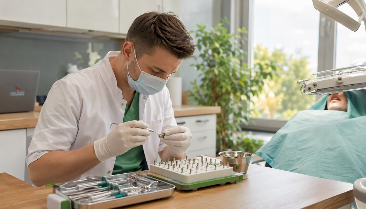 Lista opțiunilor de estetică dentară pentru 2026 2 Imagine o tavă cu instrumente chirurgicale pentru implanturi dentare, privită de sus