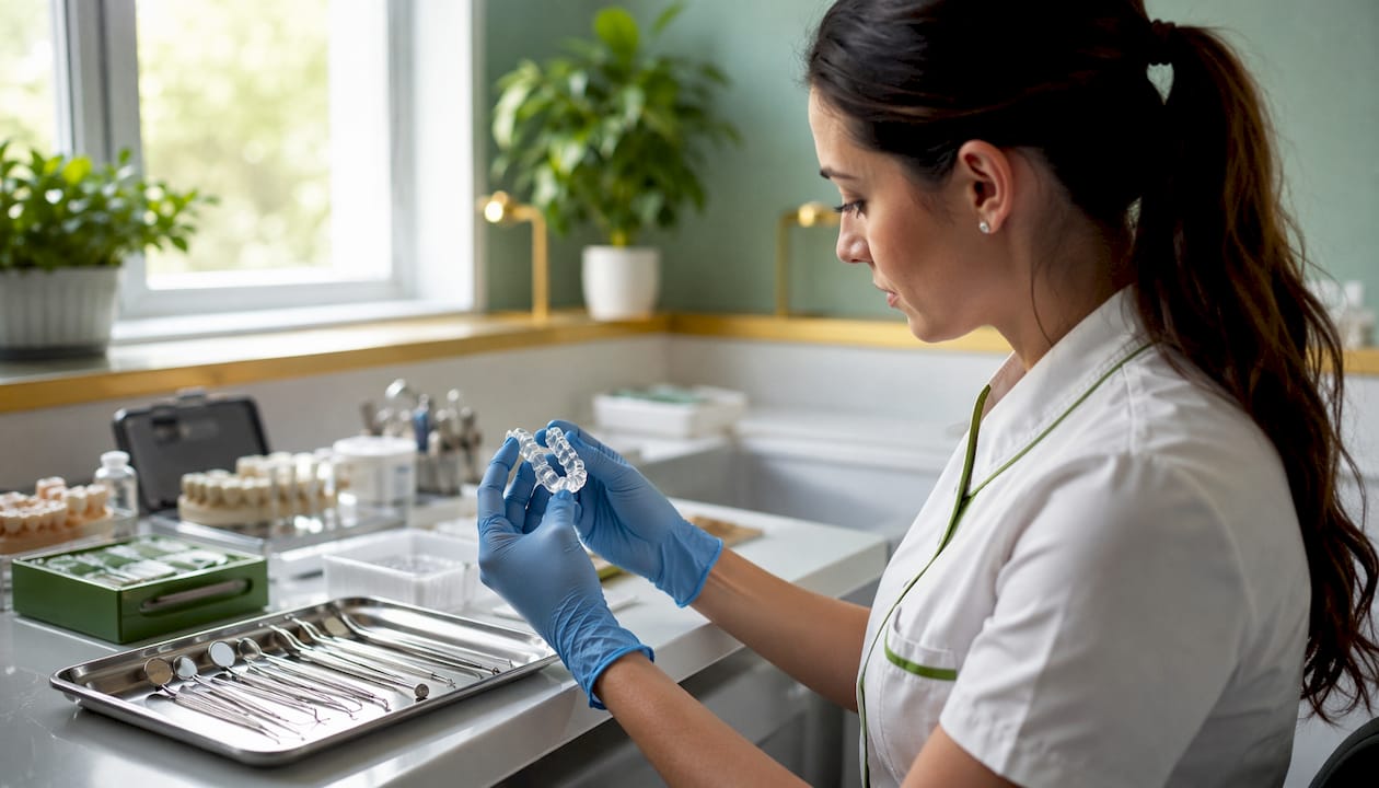Mâini care țin un aparat ortodontic Invisalign SmartTrack