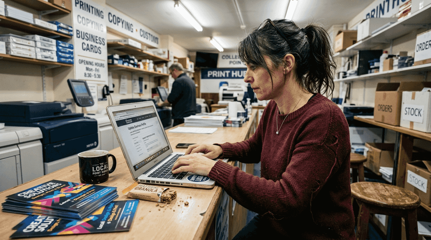 Woman updating business listing on laptop